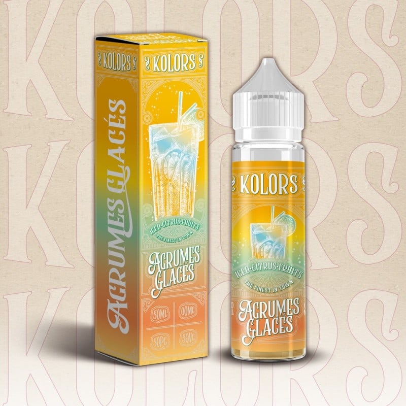 E-liquide Agrumes Glacés Kolors 50ml avec images de fruits d'agrumes glacés et couleur vibrante.