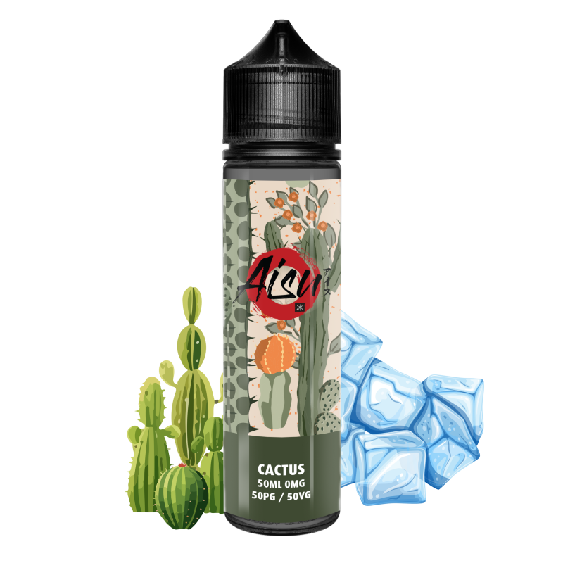 E-Liquide Cactus Aisu par Zap! Juice, flacon de 50ml avec étiquette, design coloré et liquide transparent visible.