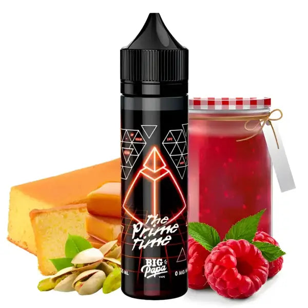 E-Liquide Big Papa The Prime Time Big Papa Génoise Framboise Pistache, flacon avec étiquette, saveurs fruitées et pâtissières