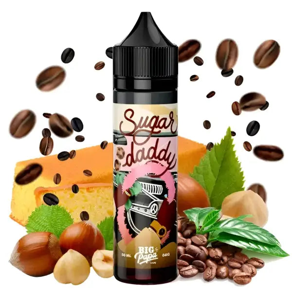 E-liquide Sugar Daddy Big Papa Audacieux, liquide pour cigarette électronique, flacon avec étiquette colorée.