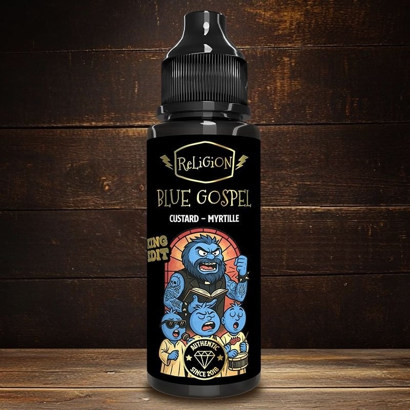 E-liquide Blue Gospel KING EDITION Religion Juice, bouteille de 100ml, saveur fruitée et rafraîchissante, design bleu.
