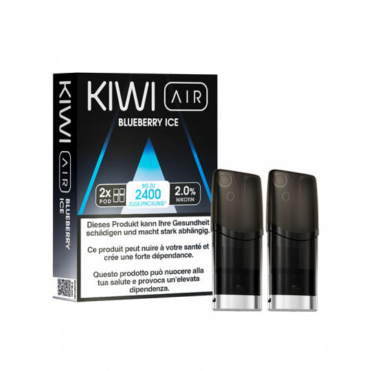 Cartouches Kiwi Air Blueberry Ice, saveur de vapeur, lot de 2, emballage avec cartouches de vapotage à la saveur de myrtille et menthe.