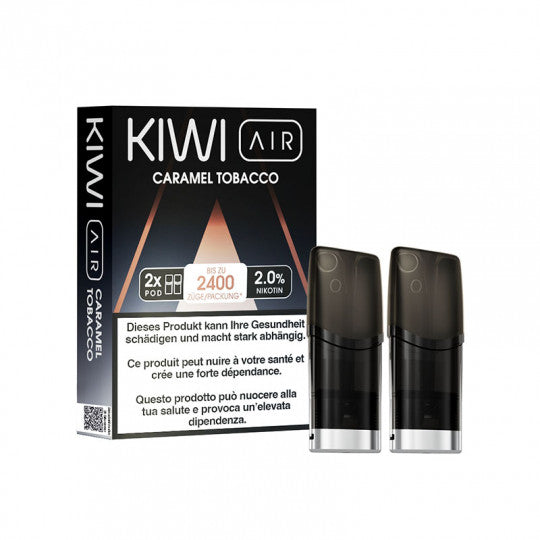 Cartouches Kiwi Air Caramel Tobacco, pack de 2, vapor de cigarette électronique avec saveur caramel et tabac.