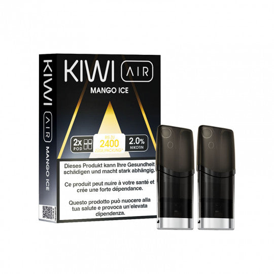 Pack de 2 cartouches Kiwi Air Mango Ice de Kiwi Vapor, contenant des cartouches de vapeur aromatisées à la mangue glacée.