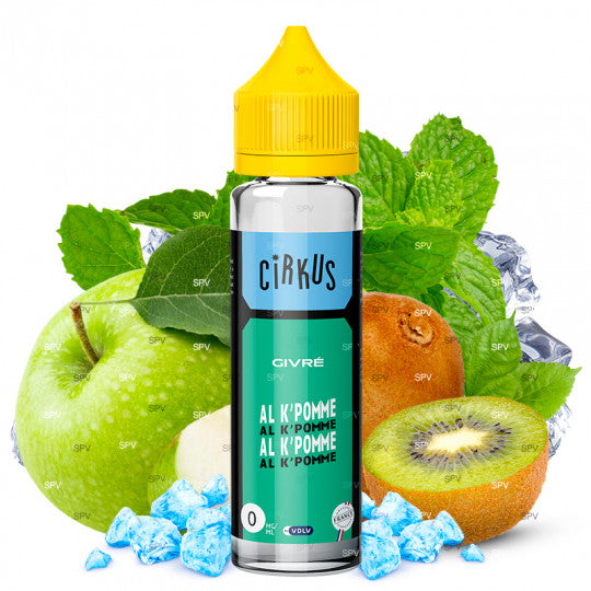 E-Liquide Cirkus Al K'Pomme Givré par VDLV, saveur pomme givrée, flacon de 50 ml dans un contenant de 70 ml.