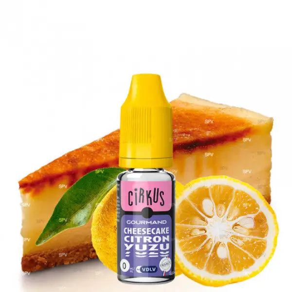 E-Liquide Cirkus Cheesecake Citron Yuzu sans nicotine, bouteille de e-liquide avec étiquette colorée et flacon de 0 mg/ml.