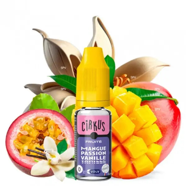 E-Liquide Cirkus Mangue Passion Vanille sans nicotine, bouteille avec étiquette colorée et liquide jaune pâle.