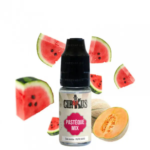 E-Liquide Pastèque Mix Cirkus, flacon de e-liquide sans nicotine, saveur pastèque et fruits pour cigarette électronique.