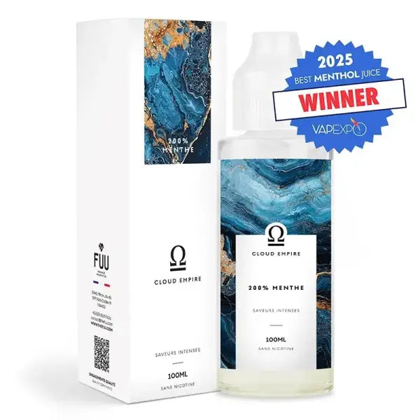 E-Liquide Cloud Empire - The Fuu, 200% Menthe Cloud Empire e-liquide frais, flacon avec étiquette de saveur mentholée.