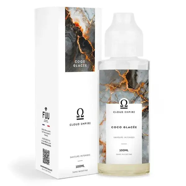 E-Liquide Cloud Empire Coco Glacée avec saveur de noix de coco fraîche, bouteille avec étiquette colorée et design attrayant.