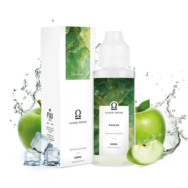 E-Liquide Pomme Cloud Empire de The Fuu, vaporisateur fruité avec illustration de pommes fraîches et nuages de vapeur.
