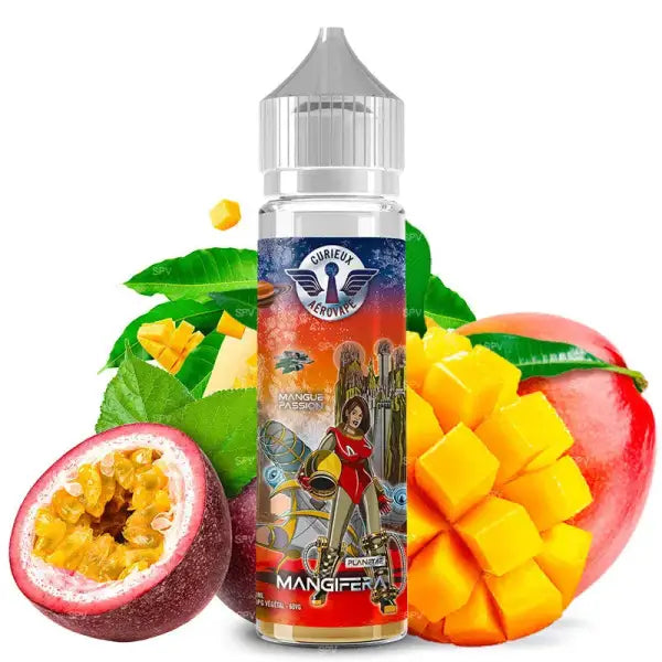 E-liquide Aérovape Curieux Nouvelle Planète Mangifera avec saveur à la mangue, bouteille en plastique et étiquette colorée