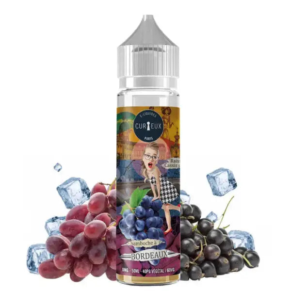 E-Liquide Bamboche à Bordeaux Hexagone par Curieux, bouteille avec étiquette colorée, logo Curieux visible.