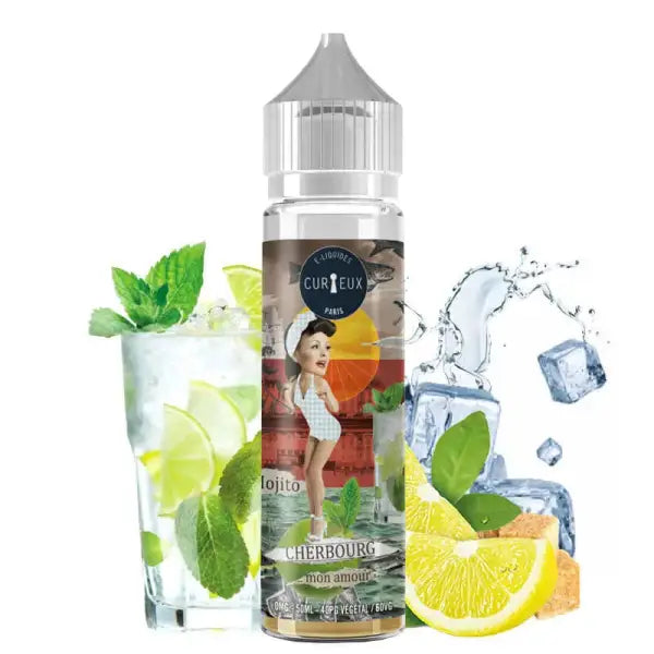 E-liquide Cherbourg Mon Amour Édition Hexagone de Curieux, bouteille avec étiquette colorée et logo de la marque.