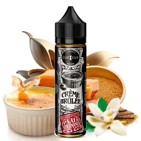 E-liquide Crème Brulée de la marque Curieux, flacon avec étiquette indiquant saveur dessert crème brûlée, visuel du produit.
