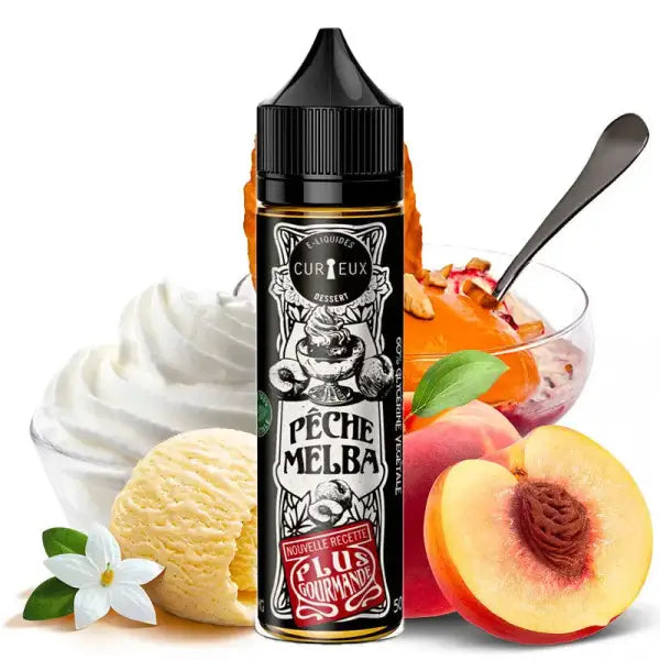 E-liquide Curieux Édition Dessert Pêche Melba, flacon avec étiquette, saveur fruitée pour cigarette électronique.
