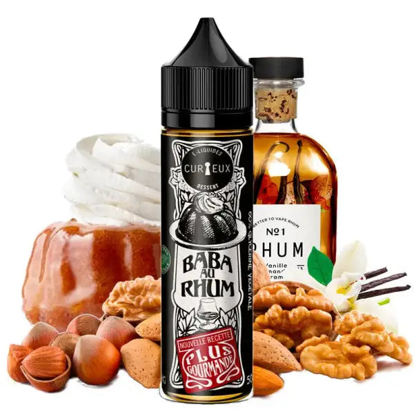 E-liquide Baba au Rhum Édition Dessert par Curieux, flacon avec étiquette, mettant en avant le liquide aromatisé au baba au rhum.