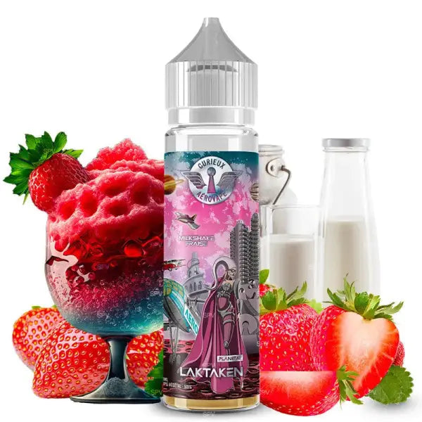 E-liquide Laktaken Édition Aérovape par Curieux avec saveur fraise, bouteille de produit vaporisateur pour cigarette électronique