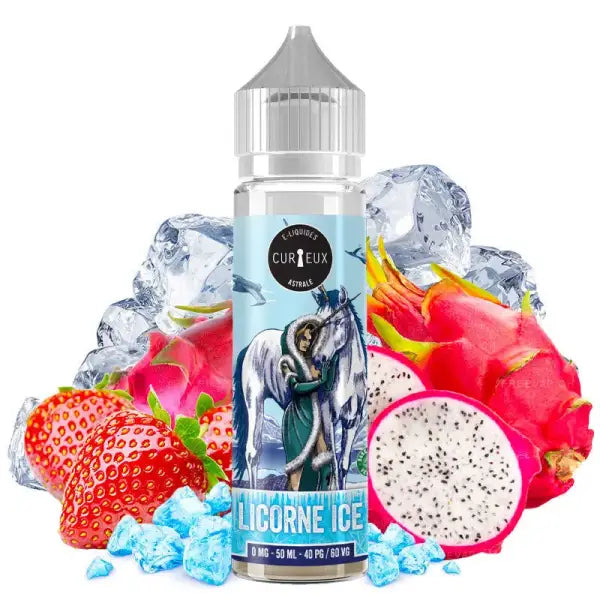 E-liquide Licorne Ice Fraise et Fruit du Dragon Purevape de la marque Curieux, bouteille avec étiquette colorée et design fruité.