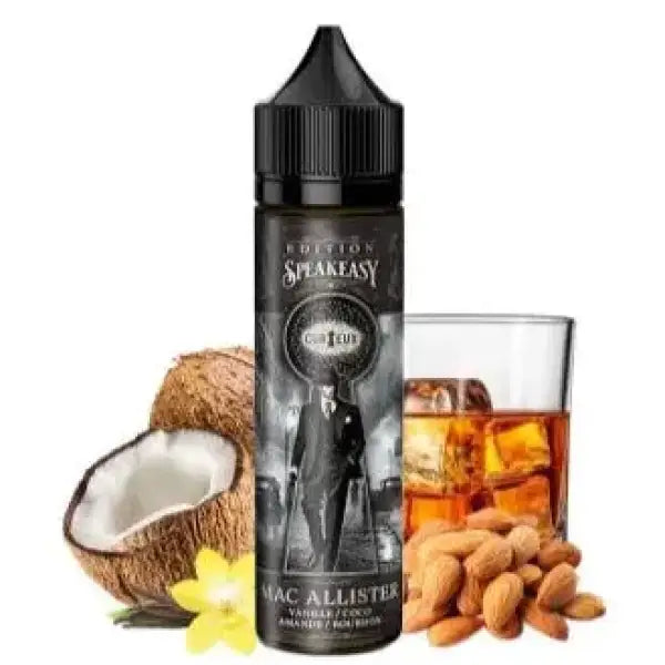 E-Liquide Curieux Mac Allister Édition Speakeasy avec bouteille et étiquette colorée, saveur aromatique pour cigarette électronique
