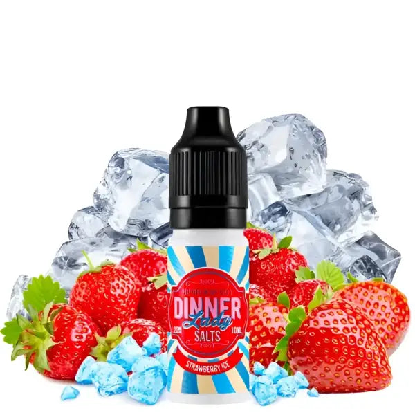Sels de nicotine Dinner Lady Strawberry Ice, e-liquide avec saveur fraise et menthe, flacon de 20 mg/ml, illustration de l’étiquette.