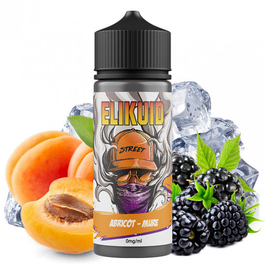 E-liquide Abricot Mûre Elikuid Street par O'Jlab, flacon de 100ml avec liquide aromatisé à l'abricot et à la mûre.