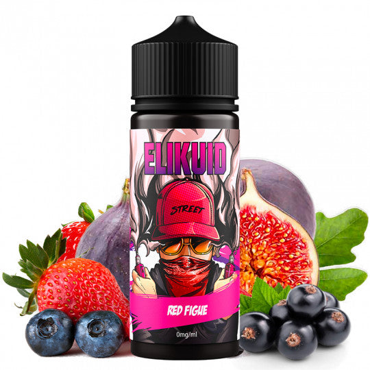 ELIKUID Street Red Figue: flacon e-liquide 100ml avec étiquette colorée, illustration d’un personnage masked, fruits figue, fraise, myrtille en arrière-plan.