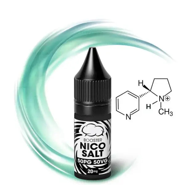 Boosteur de sels de nicotine 50/50 de la marque Eliquid France, flacon avec étiquette et bouchon.