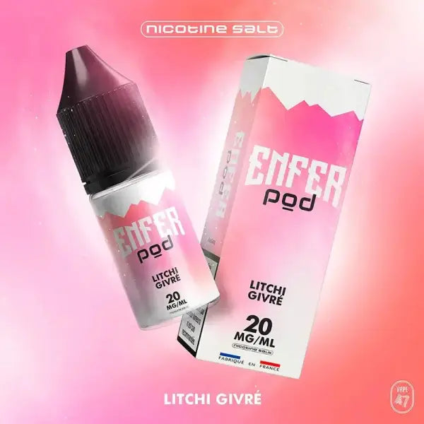 Sels de nicotine Enfer POD Litchi Givré, flacon de 10 mg avec étiquette colorée et logo Enfer POD.