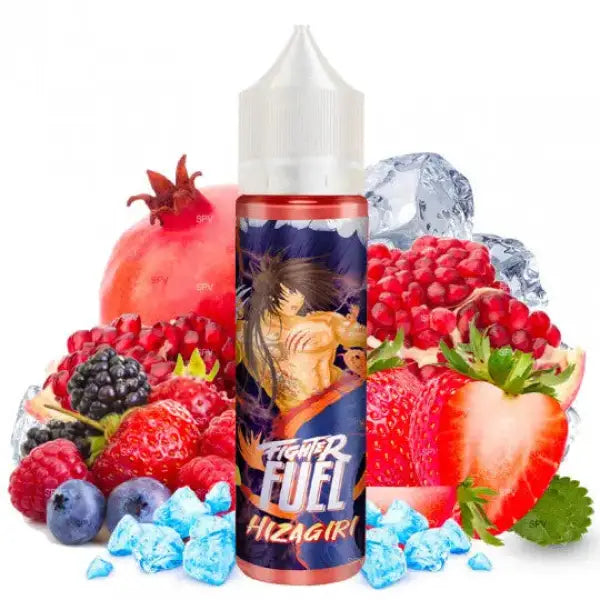 E-liquide Fighter Fuel Hizagiri Fuel par Maison Fruits Rouges, flacon avec étiquette colorée et bouchon noir, prêt à vapoter