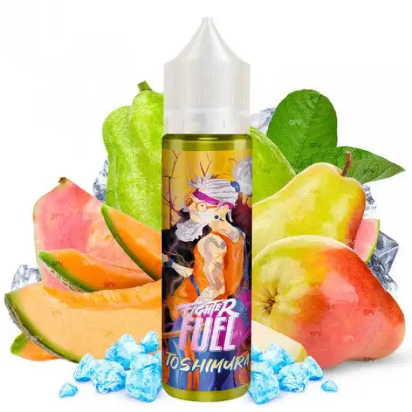 E-liquide Fighter Fuel Toshimura Maison Fuel, liquide pour cigarette électronique, bouteille avec étiquette colorée et bouchon.