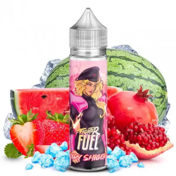 E-Liquide Lady Shigeri Maison Fuel Fighter Fuel avec bouteille et étiquette colorée, pour cigarette électronique.