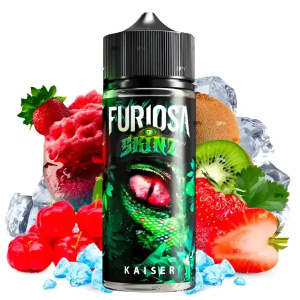 E-liquide Furiosa Skinz Fraise Kiwi Acérola 80ml en 120ml, saveur fruitée avec fraise, kiwi et acerola, pour vapoteurs.