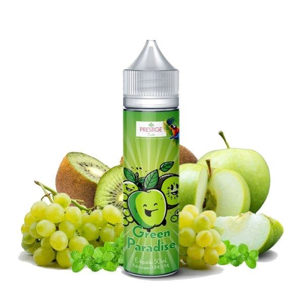 E-Liquide Green Paradise 50ml Oasis par Prestige Fruits, bouteille verte, saveur fruitée rafraîchissante.