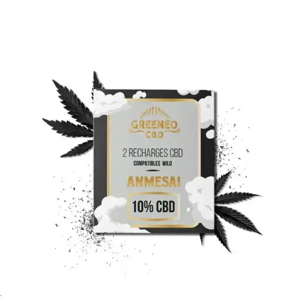 Cartouche CBD Greeneo Anmesai Wilo avec logo, contenant du CBD, emballage blanc avec design épuré.