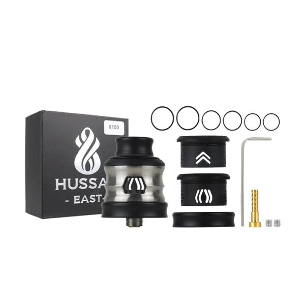 Atomiseur reconstructible Hussar East RDA 24/26mm avec drip tip en acier, vue de face sur le dripper.