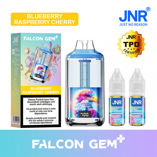 Puff rechargeable Falcon GEM+ 30K JNR en bleu avec saveurs myrtille, framboise et cerise, affiché dans l’image.