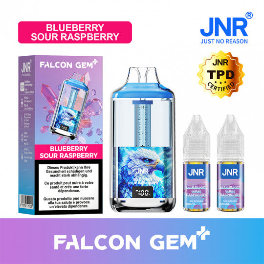Kit Falcon GEM+ 30K rechargeabble de JNR, couleur bleue avec saveur Blueberry Sour Raspberry, vue du puf rechargeable.
