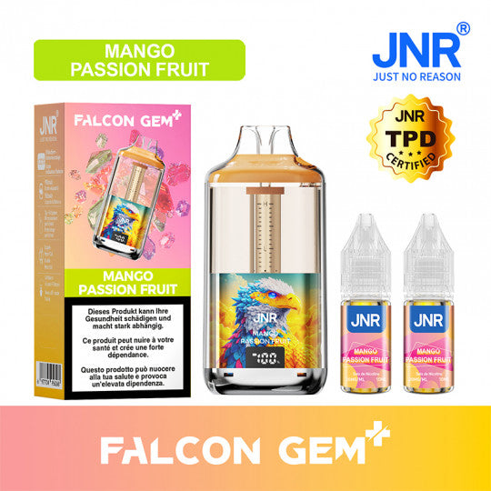 Puff rechargeable JNR Falcon GEM+ 30K Mango Passion Fruit, vaporisateur portable avec design coloré et écran lumineux.