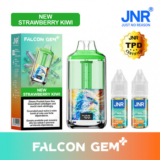 Puff rechargeable JNR Kit Falcon GEM+ 30K saveur fraise kiwi neuve, avec design moderne et écran lumineux.