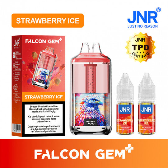 Puff rechargeable Kit Falcon GEM+ 30K JNR saveur Strawberry Ice avec design moderne et écran d'affichage.