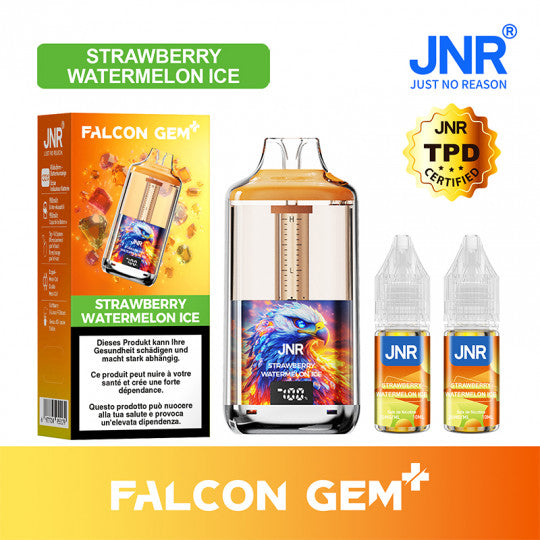 Puff rechargeable Falcon GEM+ 30K JNR à saveur fraise pastèque glace, visible avec embout et écran numérique sur le kit.