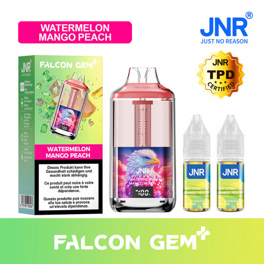 Kit Falcon GEM+ 30K rechargeable avec saveur pastèque, mangue, pêche de la marque JNR, affiché dans l'image.