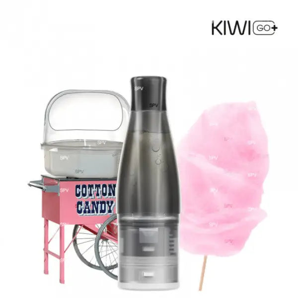Cartouches Kiwi GO Plus Cotton Candy sans nicotine, emballage de cartouches de e-cigarette au coton de couleur rose pâle.