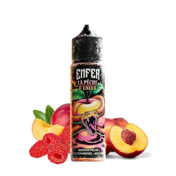E-liquide La Pêche d'ENFER 50ml par Enfer, flacon de e-liquide avec saveur pêche et fruits en packaging élégant.