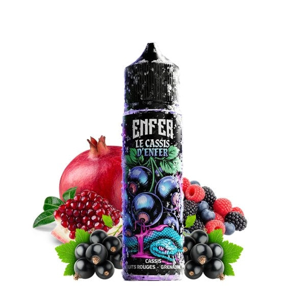 E-liquide La Cassis d'ENFER 50ml, bouteille de 0mg, saveur cassis, par la marque Enfer, avec étiquette colorée et flacon transparent
