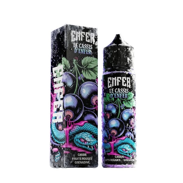 E-liquide La Cassis d'ENFER 50ml par Enfer, flacon avec gouttelette, mettant en valeur la saveur de cassis fraîche.