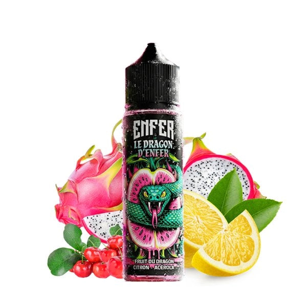 E-liquide La Dragon d'ENFER 50ml par Enfer, flacon avec étiquette colorée représentant un dragon et fruits.