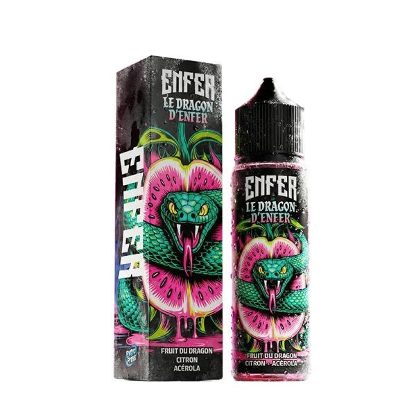 E-liquide La Dragon d'ENFER 50ml par Enfer avec illustration de dragon, saveur fruitée, sans nicotine, flacon de 50 ml.
