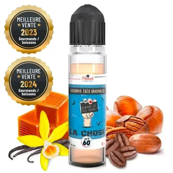 E-liquide La Chose Le French Liquide pour cigarettes électroniques, flacon avec étiquette colorée, prêt à remplir une cigarette électronique.